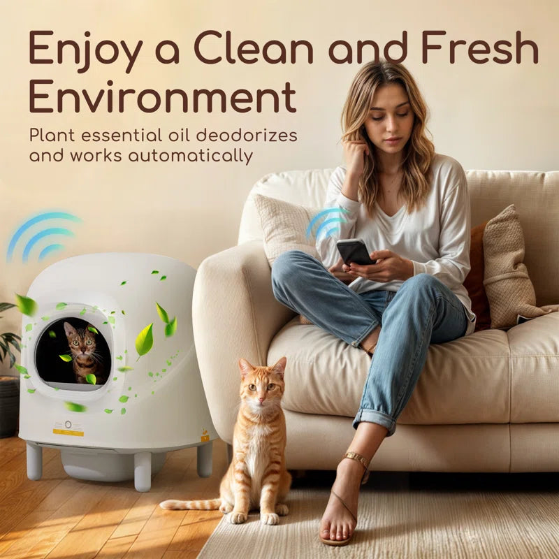 Self Cleaning Cat Litter Box, App Control, Safety Protection, Automatic Smart Robot Litter Box for Multiple Cats, with Garbage Bags&Plastic Air Filter, Black& White