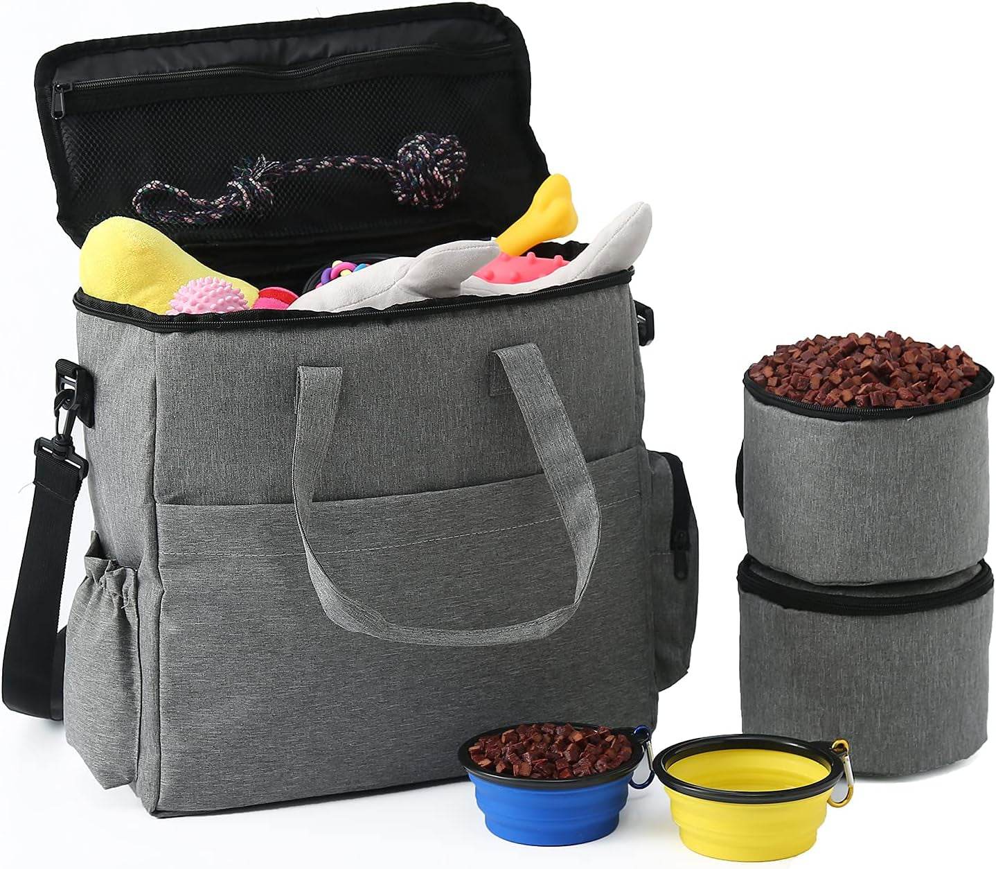 Dog Travel Bag Airline Approved Travel Set for Dogs of Stores All Your Dog Accessories - Includes Travel Bag, 2X Food Storage Containers and 2X Collapsible Dog Bowls (Grey) - The Max & Rex Collection