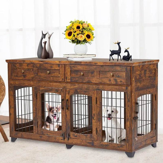 Wooden pet crate with two dogs inside, placed on a decorative table with flowers and statues.
