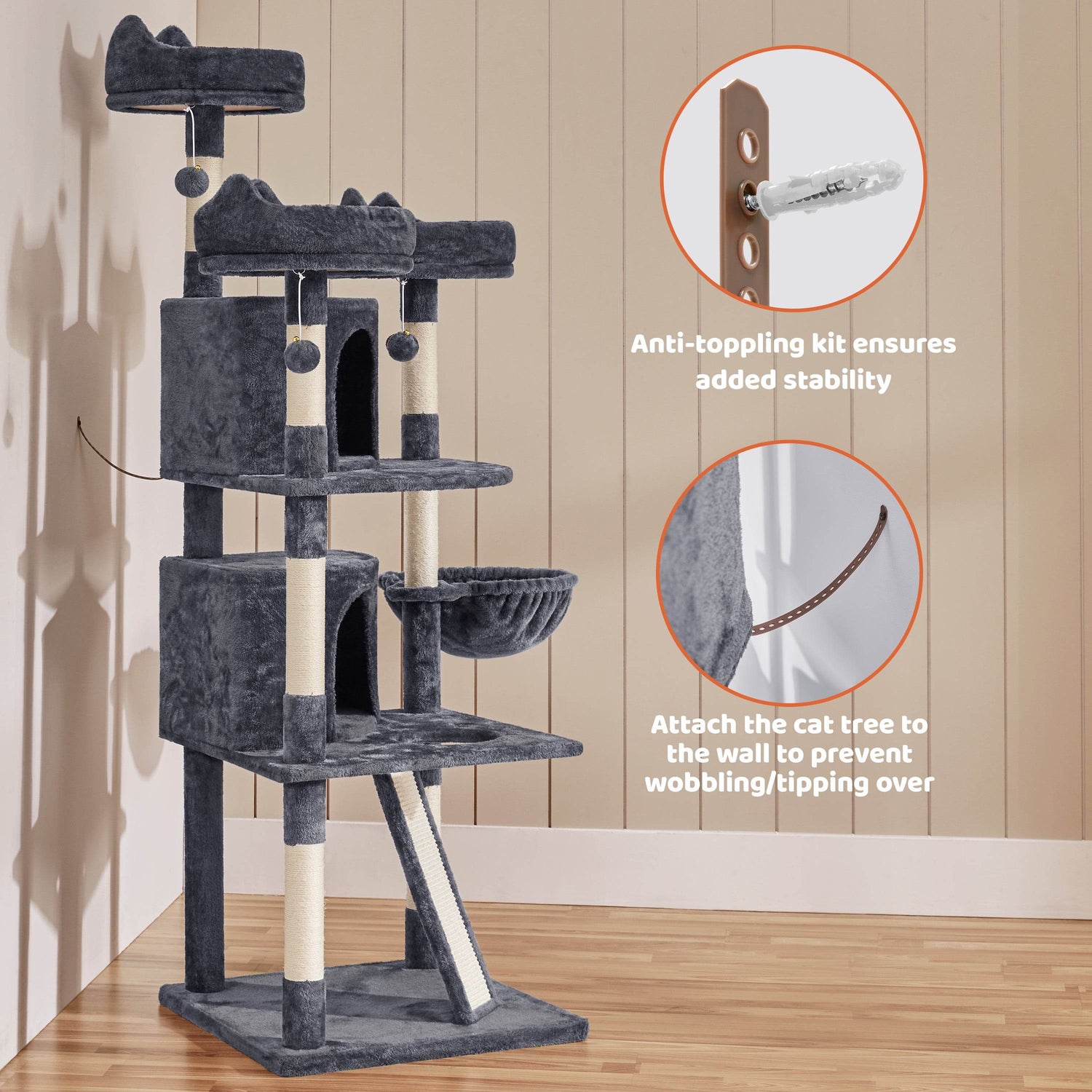 Renwick 69in Large Cat Tree Tower with Condos &amp; Scratching Board - Dark Gray - The Max & Rex Collection