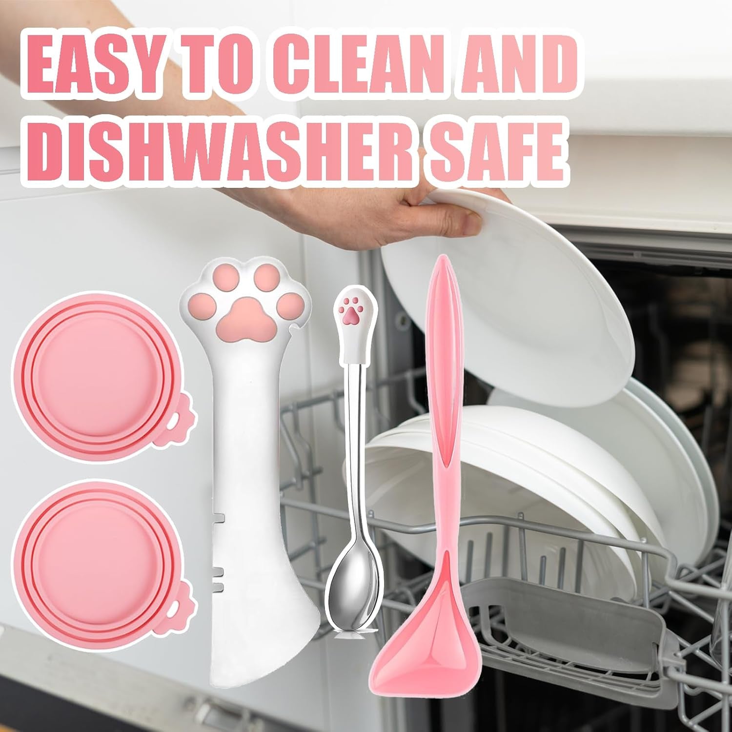 5 Pcs Pet Food Can Supplies Set - Dog and Cat Food Lid, Can Opener, Spoons for Wet Food (Pink)