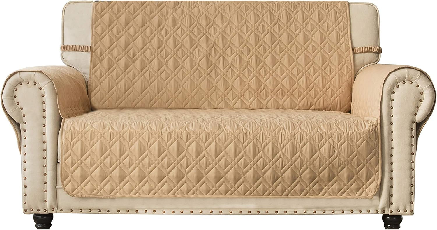 Ameritex Loveseat Cover Water-Resistant Quilted Furniture Protector with Back Nonslip Paws Slipcover for Dogs, Kids, Pets Loveseat Slipcover Stay in Place for Leather (54", Beige)