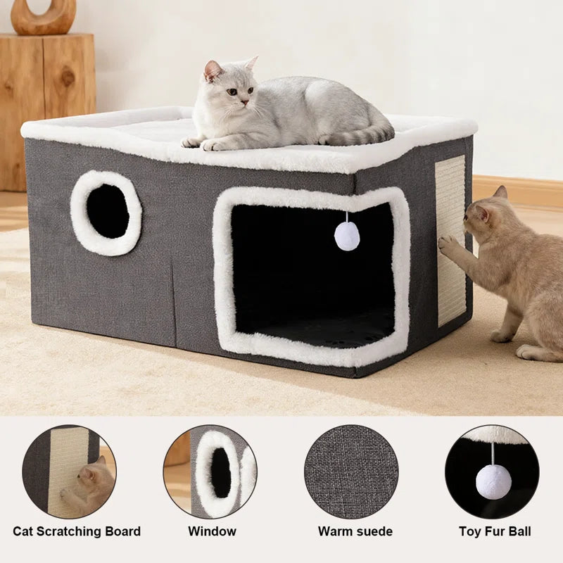 Heated Cat House, Adjustable Temperature Cat Heating Bed with Cozy Cave & Scratching Board, Foldable Cat Hideaway with Removeable Heating Pad
