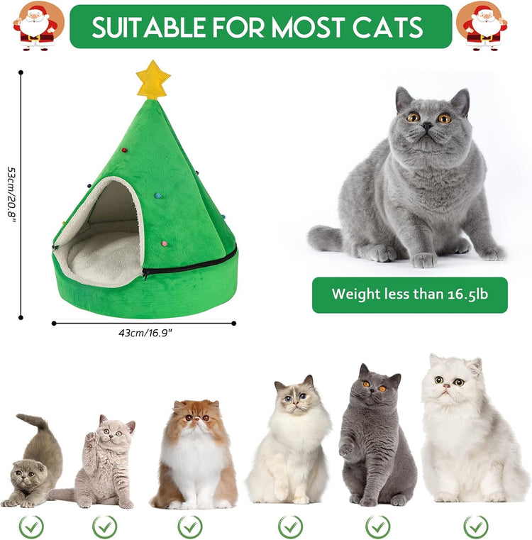 NIBESSER Cat Bed Christmas Tree Cat Tent House Self-Warming 2 in 1 Removable Comfortable Triangle Pet Teepee Xmas Dog Cave in Winter (Green)