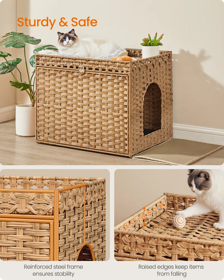 Boho Handwoven Rattan Hidden Litter Box Furniture， with Extra Litter Mat and Removable Washable Tray