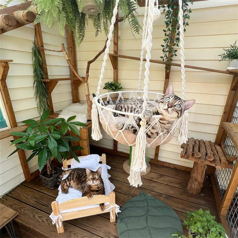 Emellie Bohemian Style Cat Hammock, Cat Swing with Hanging for Sleeping, Indoor/Outdoor Home Décor