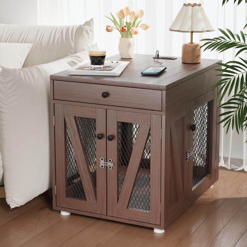 Furniture-Style Wooden Dog Crate End Table with USB Charging, Storage Drawer & Double Latch – For Medium Dogs up to 40 lbs - The Max & Rex Collection