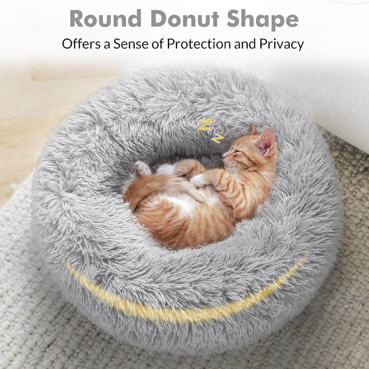 Cat Bed for Indoor Cats, Fluffy round Self Warming Calming Soft Plush Donut Cuddler Cushion Pet Bed for Small Dogs Kittens, 20 Inches - The Max & Rex Collection