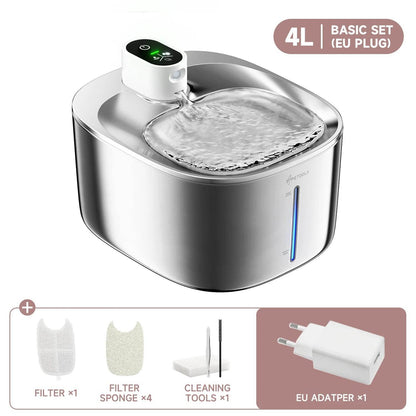 4L Wireless Cat Water Fountain - Auto Sensor Pet Drinking Fountain with Battery | Stainless Steel Cordless Water Dispenser for Dogs & Cats - The Max & Rex Collection