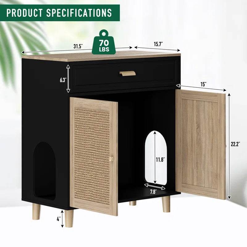Cat Litter Box Enclosure Wood Cat Crate Furniture with Scratching Pad Doors - The Max & Rex Collection