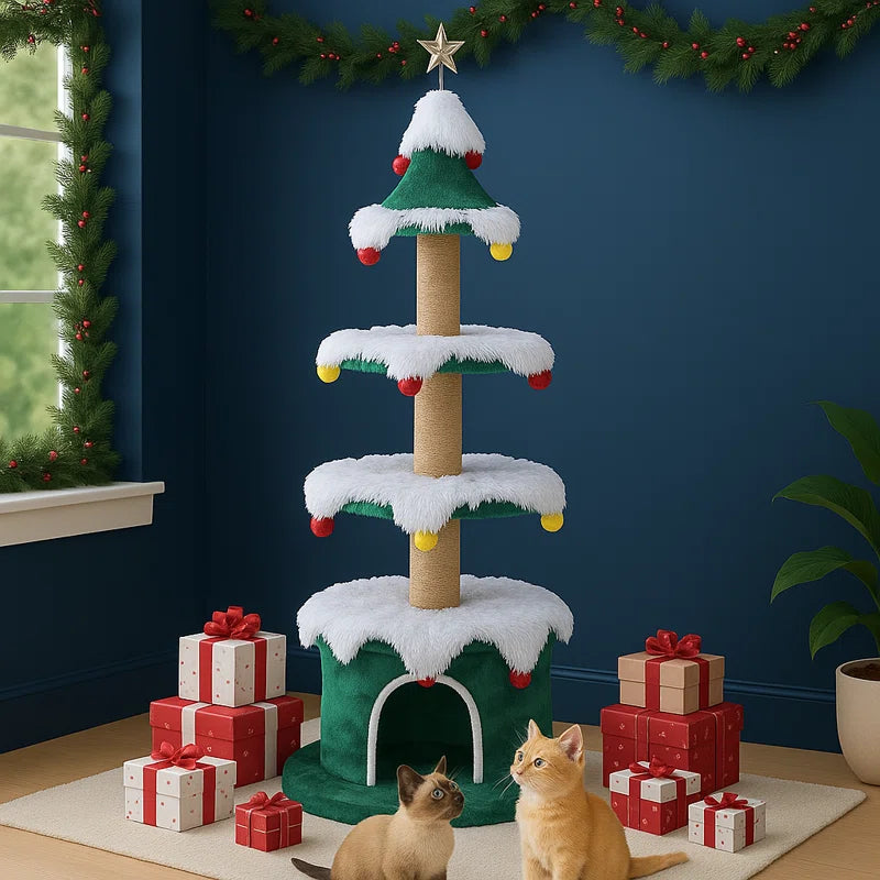 66" H 3 Tier Noble Fir Cat Christmas Tree with Removable Skirt & Scratching Post