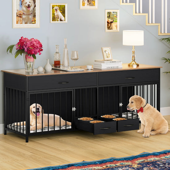 Black pet crate with wooden top in a room with decorative elements and a dog.