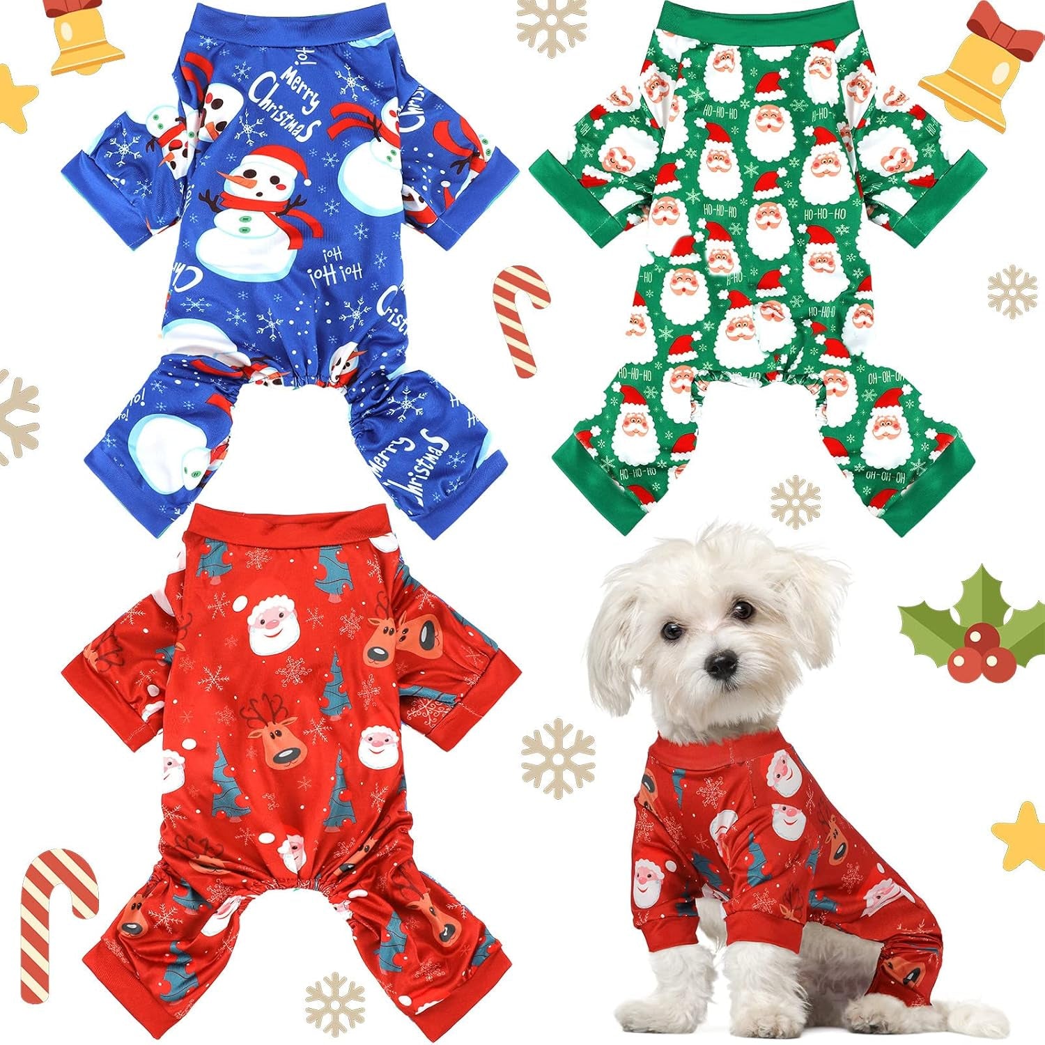 3 Pieces Christmas Dog Pajamas Dog Jumpsuit Santa Snowman Pet Clothes Christmas Pet Pajamas Holiday Costume Jumpsuit for Puppy Cat(Snowman Pattern,M (Fit 5.5-7.7Lbs))