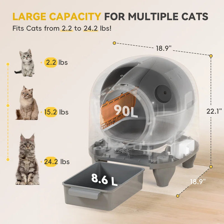 Self Cleaning Litter Box, 90 L Automatic Cat Litter Box for Multiple Cats with Safety Protection/App Control/Mat/1 Roll Garbage Bags