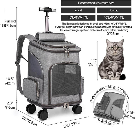 GJEASE Airline Approved Pet Carrier Backpack with Wheels(Large Space),Rolling Backpack with Durable Handle and Flexible Wheels,Breathable Durable Mesh Panels(Most Airplane Approved) - The Max & Rex Collection