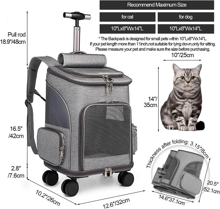 GJEASE Airline Approved Pet Carrier Backpack with Wheels(Large Space),Rolling Backpack with Durable Handle and Flexible Wheels,Breathable Durable Mesh Panels(Most Airplane Approved) - The Max & Rex Collection