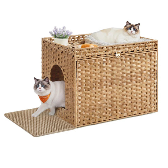Boho Handwoven Rattan Hidden Litter Box Furniture， with Extra Litter Mat and Removable Washable Tray