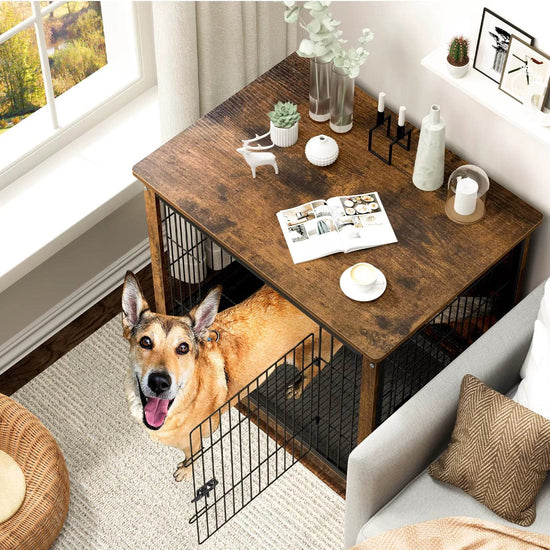 Spacious Dog Cage Furniture End Table Pet Kennel Crate Indoor Wooden Furniture Brown Medium and Large Animal Cage - The Max & Rex Collection