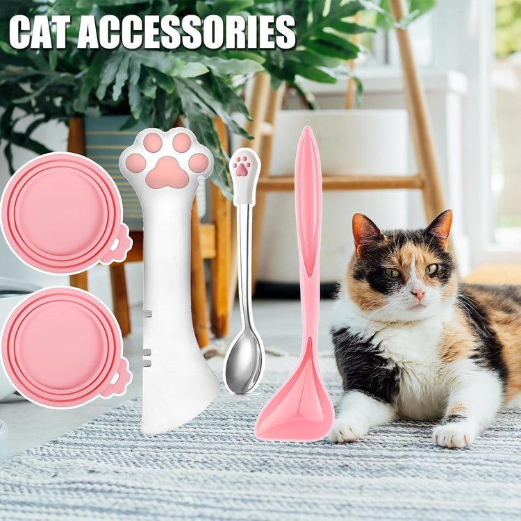 5 Pcs Pet Food Can Supplies Set - Dog and Cat Food Lid, Can Opener, Spoons for Wet Food (Pink)
