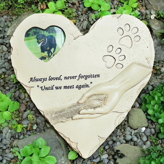Heart Shaped Pet Memorial Stones with Photo Frame for Dogs or Cats, Paw Prints Grave Markers Headstones for Dogs or Cats Sympathy Pet Dog Memorial Gifts Outdoor or Indoor, 9.6"(L) X 9.5"(W)