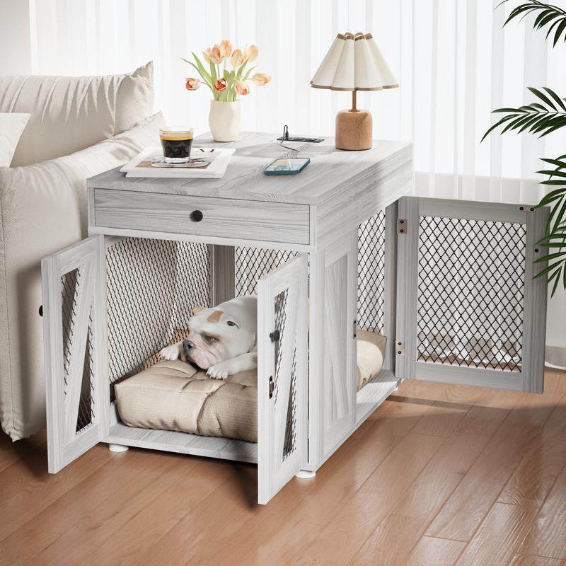 Furniture-Style Wooden Dog Crate End Table with USB Charging, Storage Drawer & Double Latch – For Medium Dogs up to 40 lbs - The Max & Rex Collection