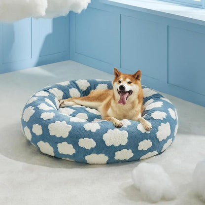Calming Donut Pet Bed 30" – Shaggy Plush Dog Bed with Non-Slip Base, Blue