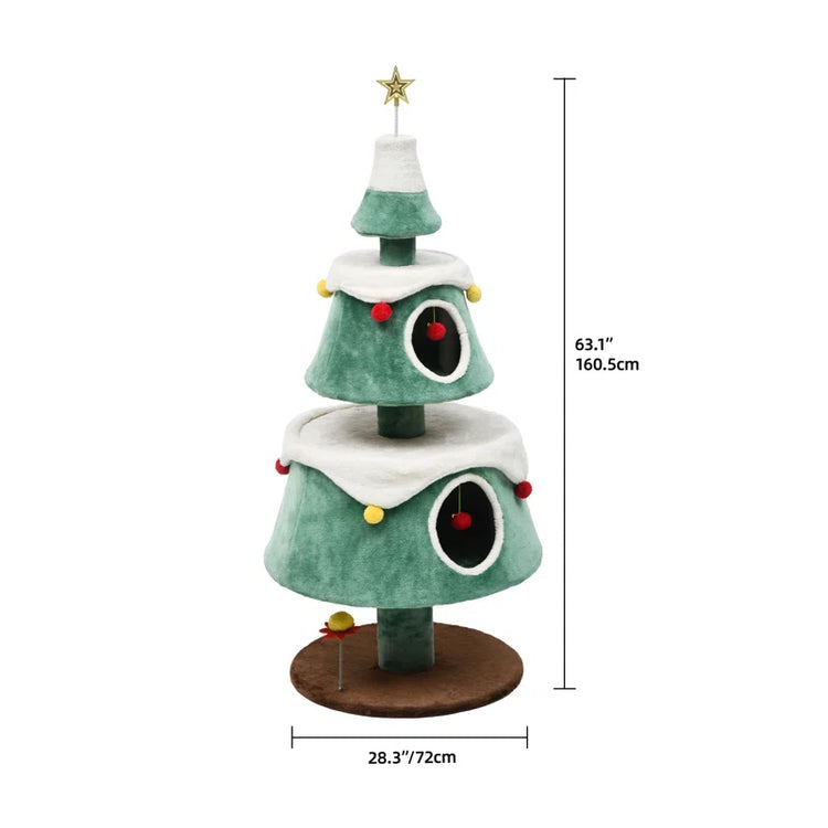 63" Christmas Cat Tower with 2 Semi-Enclosed Cat Houses, Indoor Cat Tree with Cat Condos, Cute Cat Tree with Plush Ball for 2 Cat