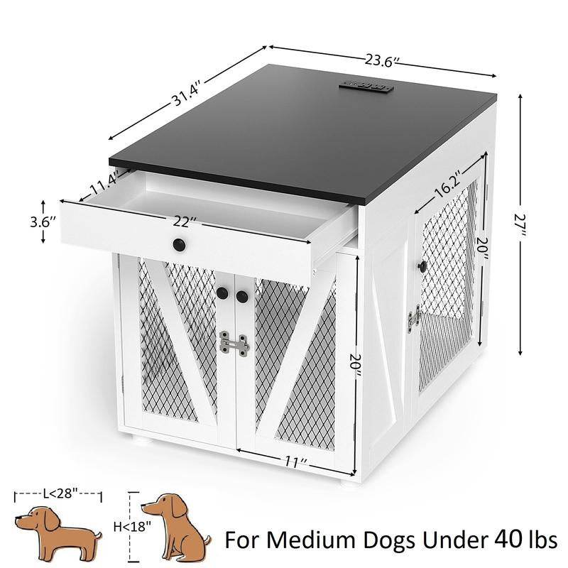Furniture-Style Wooden Dog Crate End Table with USB Charging, Storage Drawer & Double Latch – For Medium Dogs up to 40 lbs - The Max & Rex Collection