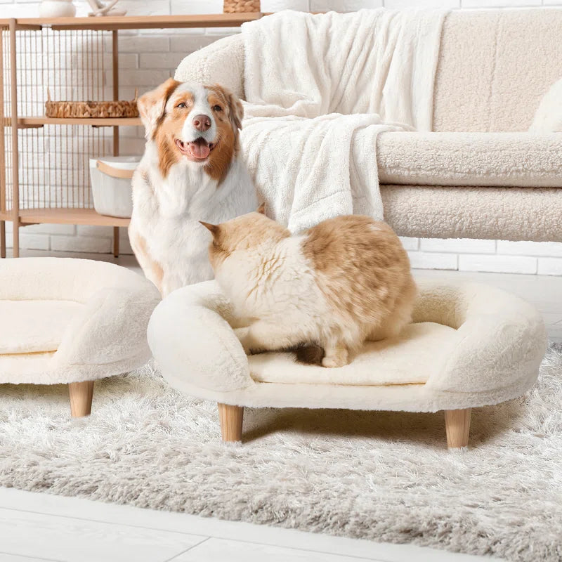2-Piece Set Pet Beds for Medium Dogs and Cats, Thick Foam Pet Sofa with Removable Cover and Solid Wood Legs