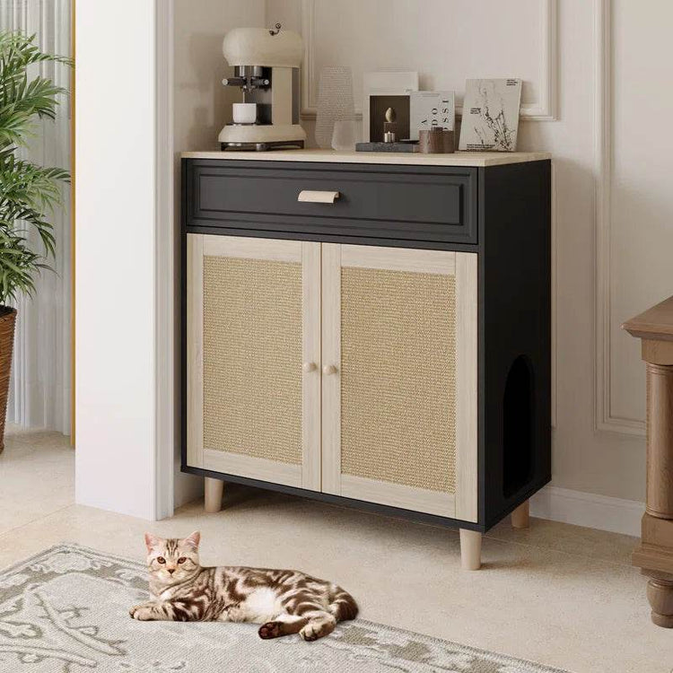 Cat Litter Box Enclosure Wood Cat Crate Furniture with Scratching Pad Doors - The Max & Rex Collection
