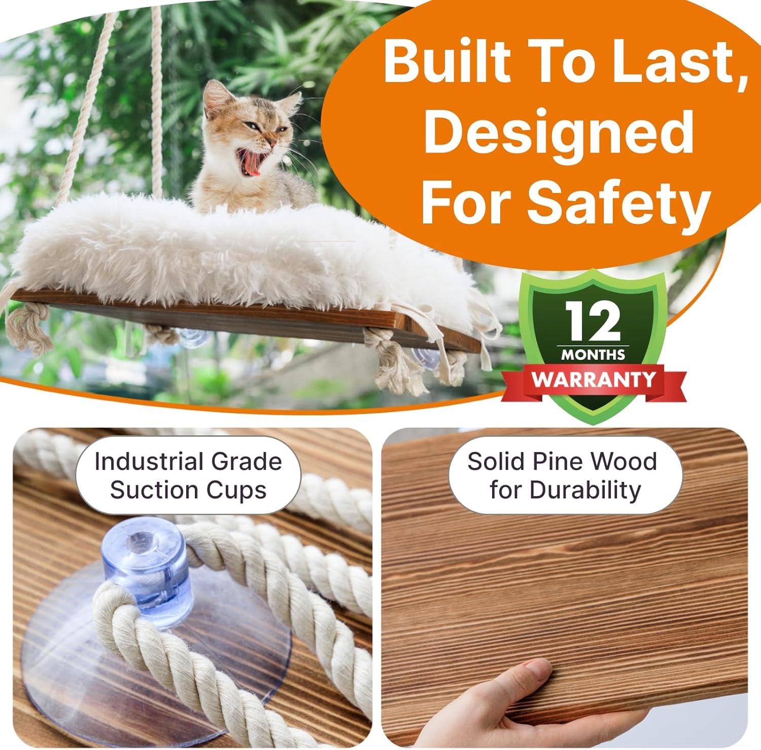 Cat Window Perch - Hammock Bed for Cats inside - Solid Wood Seat, 4 Strong Suction Cups, Soft Cushion - Rustic Indoor Pet Shelf