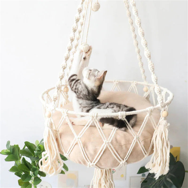Emellie Bohemian Style Cat Hammock, Cat Swing with Hanging for Sleeping, Indoor/Outdoor Home Décor