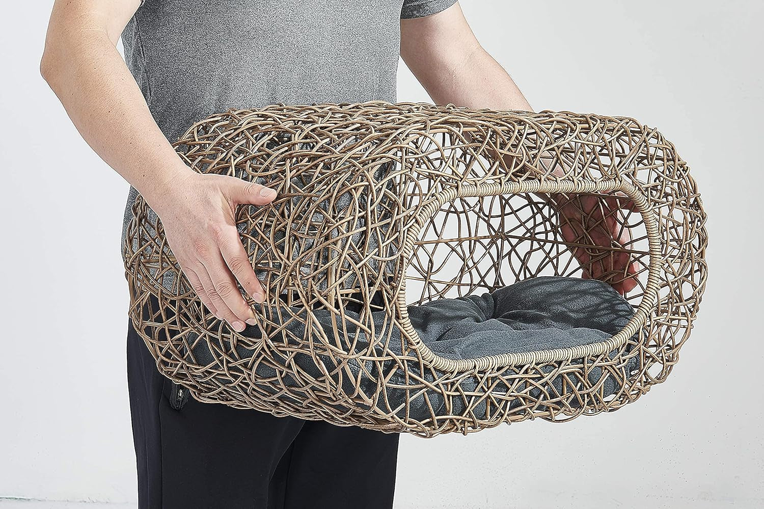 Fun Stackable Cat Condo for Indoor Cats - Interactive Play Faux Rattan Cat House for Indoor Cats Kitty, Pet Friendly Top/Side House Entry, Cat Bed Enclosed