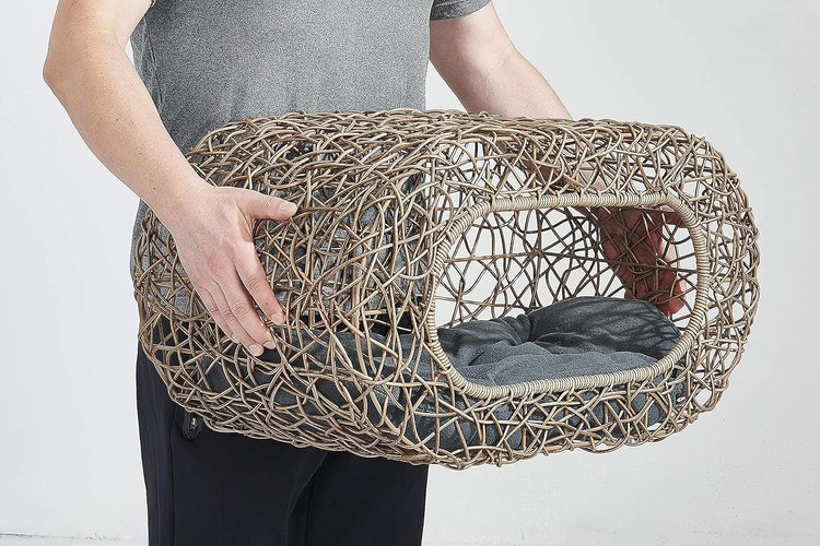 Fun Stackable Cat Condo for Indoor Cats - Interactive Play Faux Rattan Cat House for Indoor Cats Kitty, Pet Friendly Top/Side House Entry, Cat Bed Enclosed