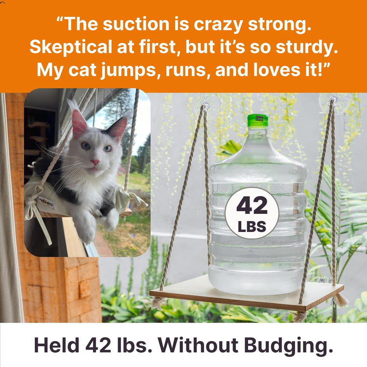 Cat Window Perch - Hammock Bed for Cats inside - Solid Wood Seat, 4 Strong Suction Cups, Soft Cushion - Rustic Indoor Pet Shelf