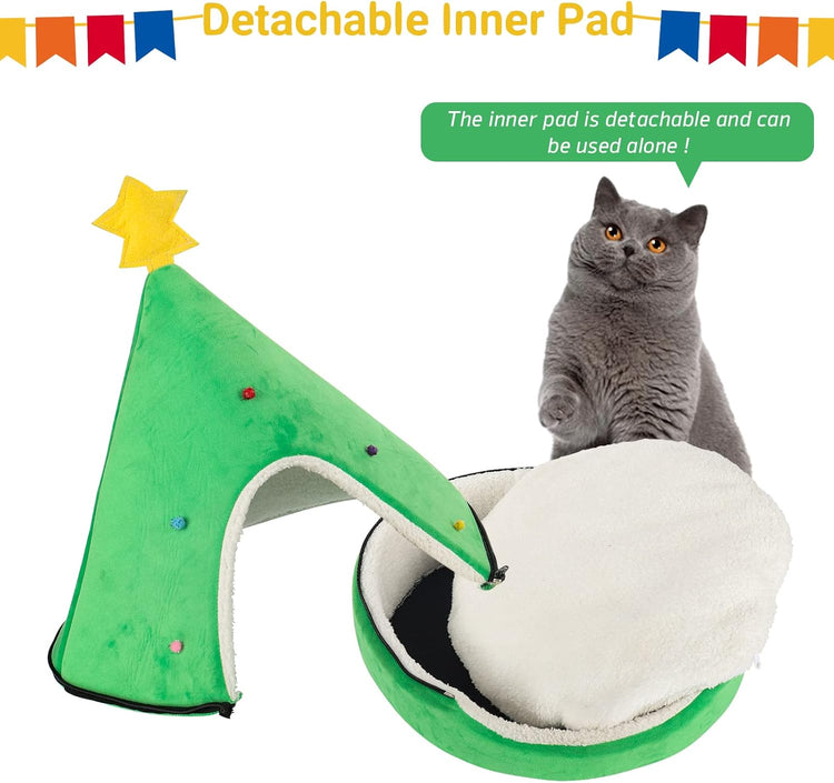 NIBESSER Cat Bed Christmas Tree Cat Tent House Self-Warming 2 in 1 Removable Comfortable Triangle Pet Teepee Xmas Dog Cave in Winter (Green)