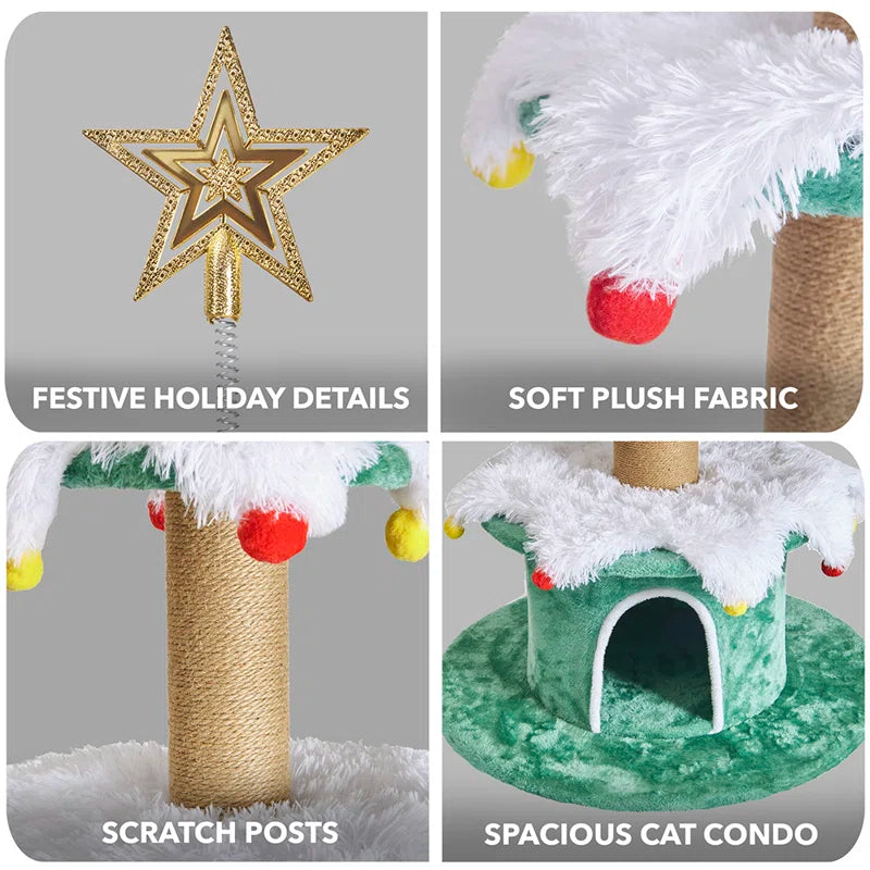 66" H 3 Tier Noble Fir Cat Christmas Tree with Removable Skirt & Scratching Post