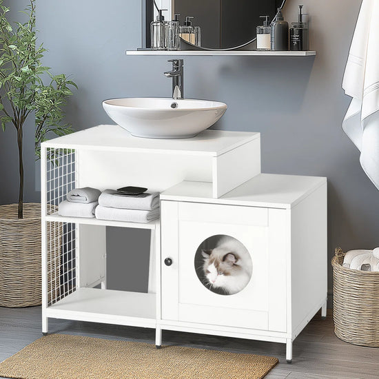 Bathroom Sink Cat Litter Box Enclosure & Storage Cabinet – Hidden Litter House for Large Cats