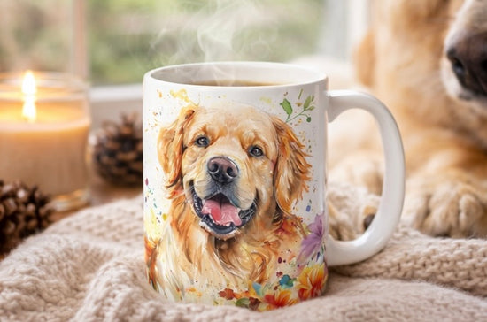 Mug with a dog illustration on a surface with a candle and pine cones.