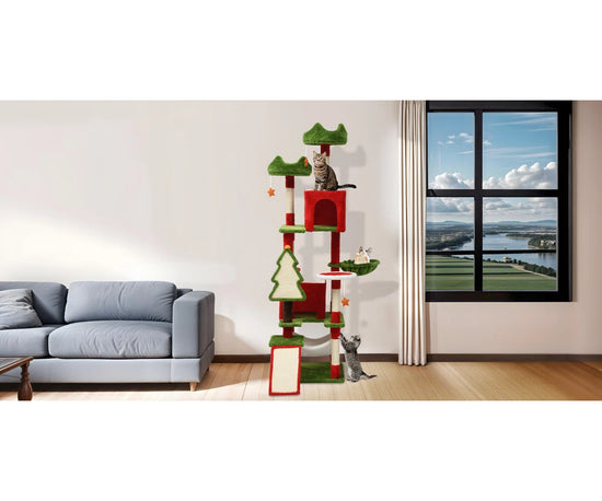 Christmas-Themed Multi-Level Cat Tree with Hammock and Scratching Posts