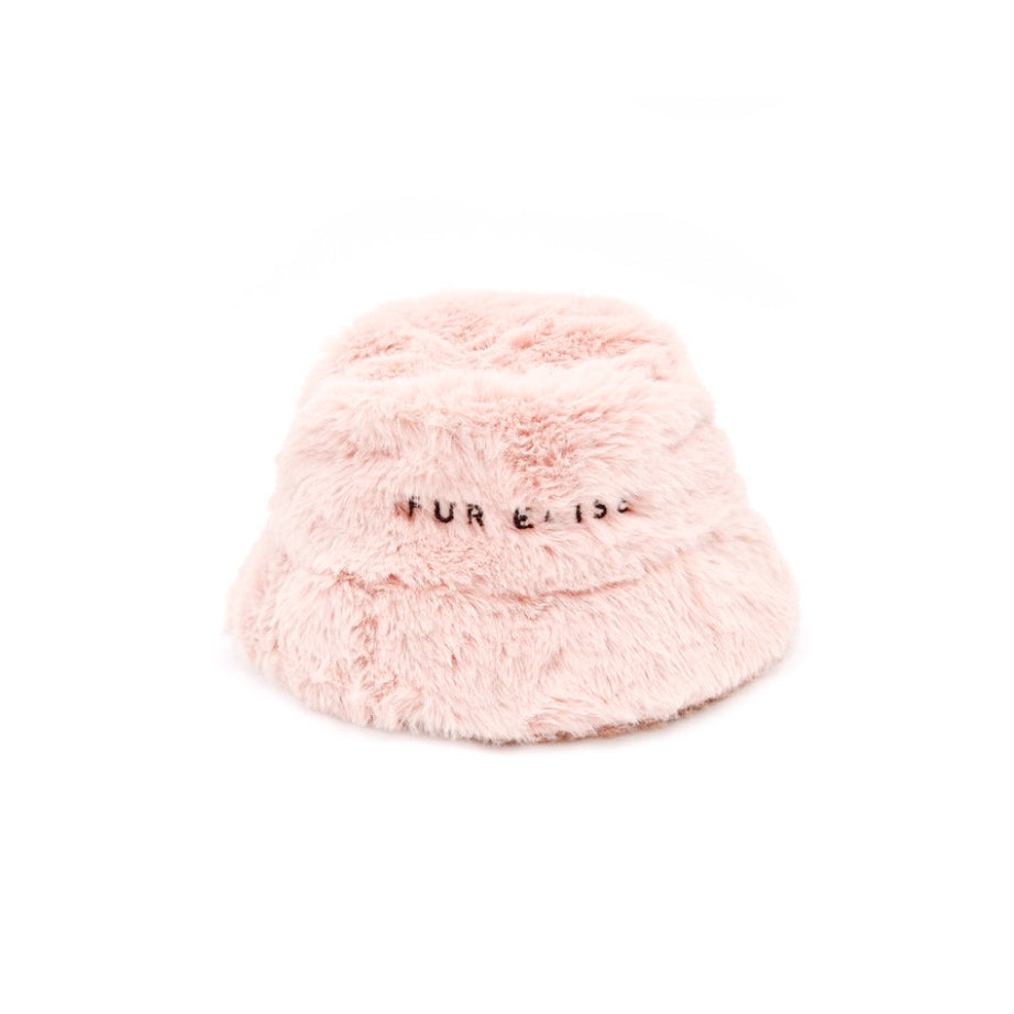 Pink fluffy bucket hat with text on a white background