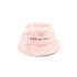 Pink fluffy bucket hat with text on a white background
