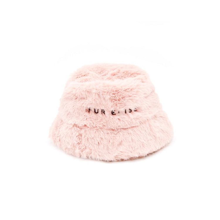 Pink fluffy bucket hat with text on a white background