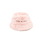 Pink fluffy bucket hat with text on a white background