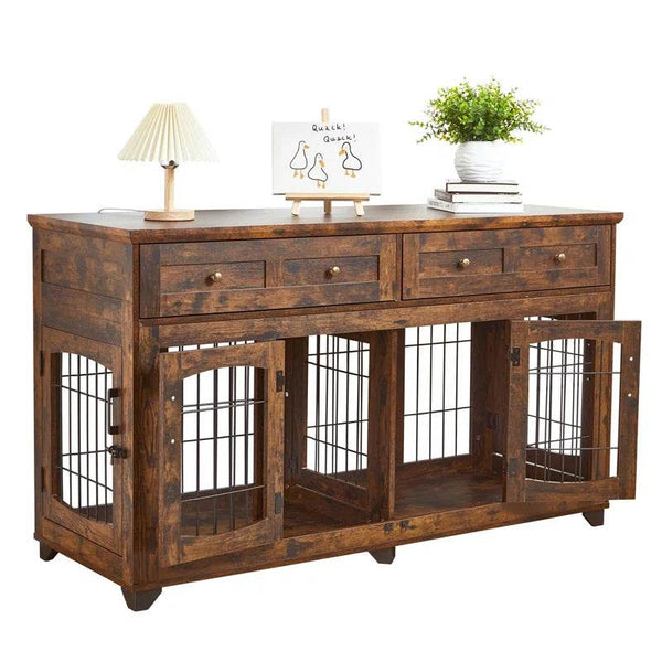 Wooden console table with pet crate doors on a white background