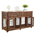 Wooden console table with pet crate doors on a white background