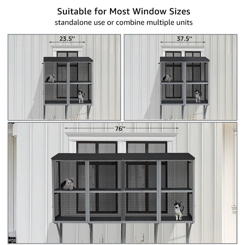 Diagram showing cat enclosures of different sizes suitable for various window sizes with measurements.