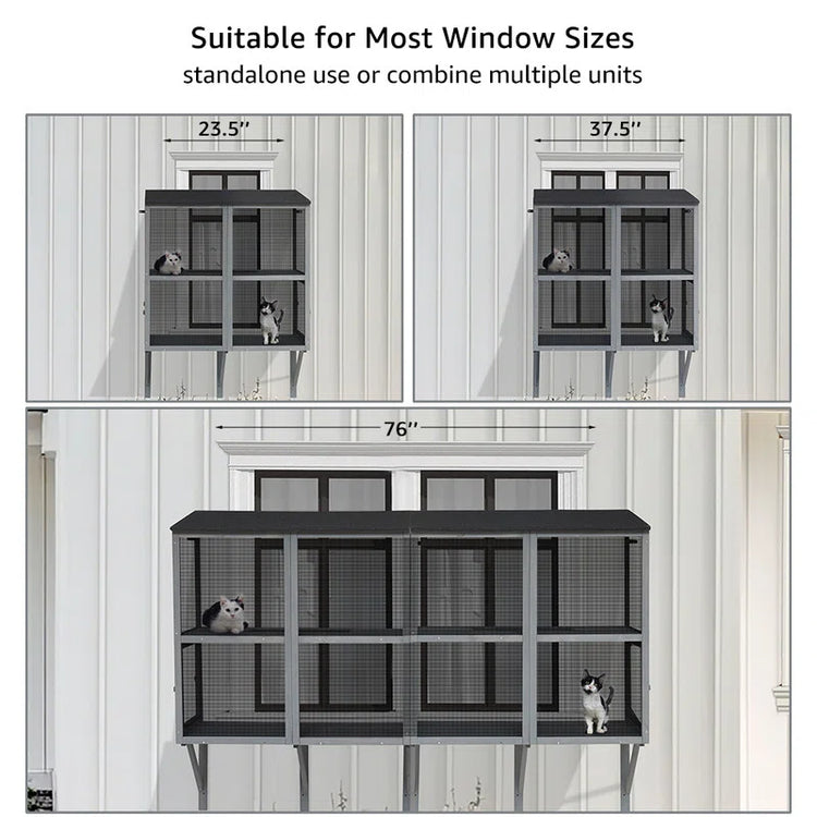 Diagram showing cat enclosures of different sizes suitable for various window sizes with measurements.