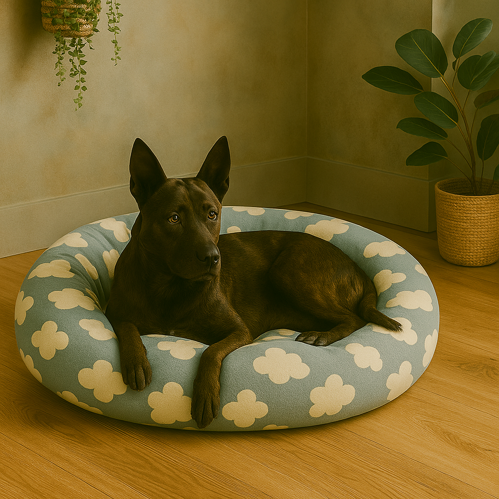 Dark brindle dog named Rex resting on a plush blue donut pet bed with white cloud patterns in a light blue room – product photo for The Max & Rex Collection.