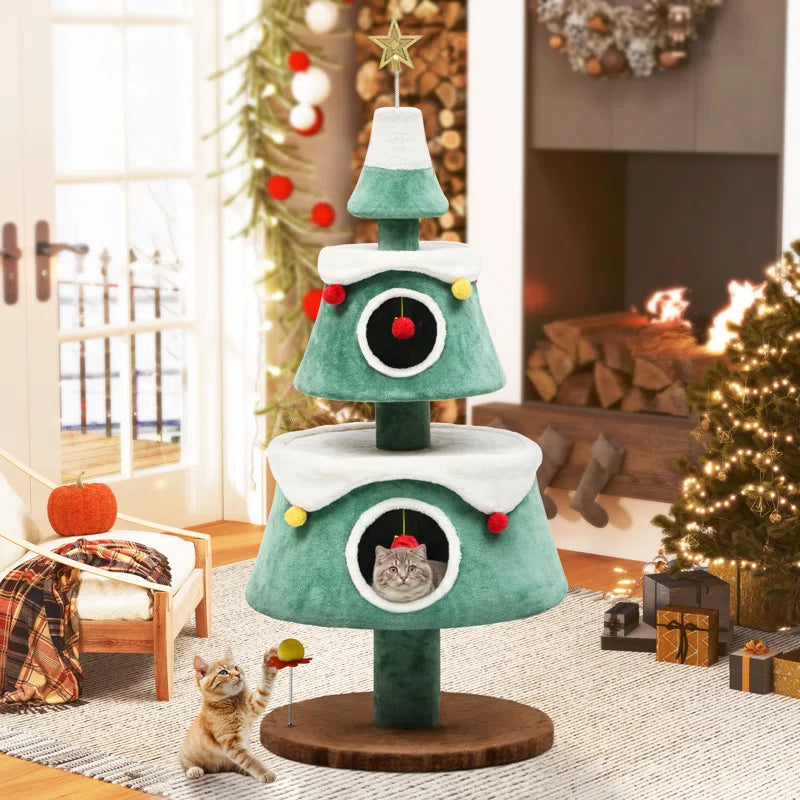 63" Christmas Cat Tower with 2 Semi-Enclosed Cat Houses, Indoor Cat Tree with Cat Condos, Cute Cat Tree with Plush Ball for 2 Cat
